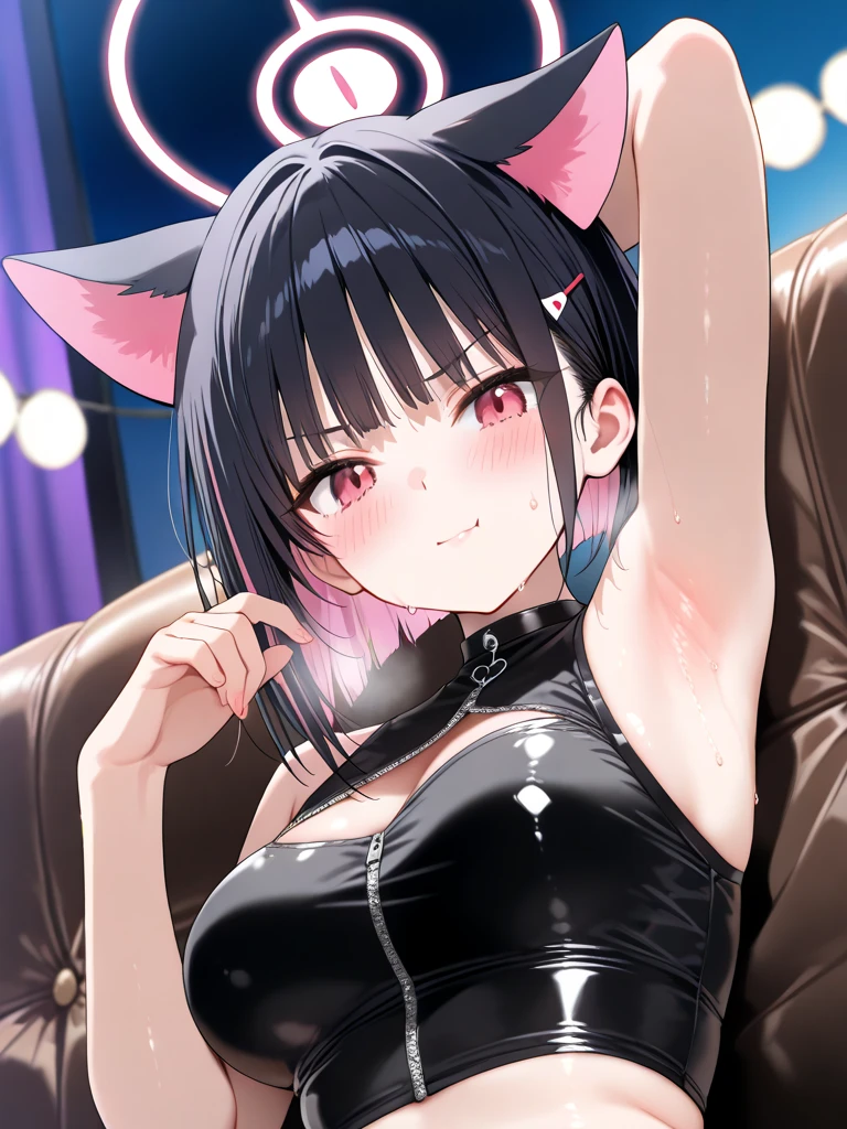 NSFW,(pale illustration,anime illustrations:1.2),(masterpiece, highest quality, so beautiful, Super detailed),textured skin, high details,8k,gleaming skin,pale outline,five fingers,

(blue_archive,kazusa,halo,black short hair:1.2),(multicolored hair, pink inner hair:1.3),( hairclip,cat ears),

1 girl,(black over-knee-high socks:1.5),Mid-chest,soft breast,shorty, Frown,blush,nude,squatting,(spread legs:1.3),(paw pose:1.3),(arms up),black collar,vagina,(red leash pulled outward:1.2),(girl Being pulled by the red leash attached to the collar),vagina,Chicken coop,full body,(from front:1.2)