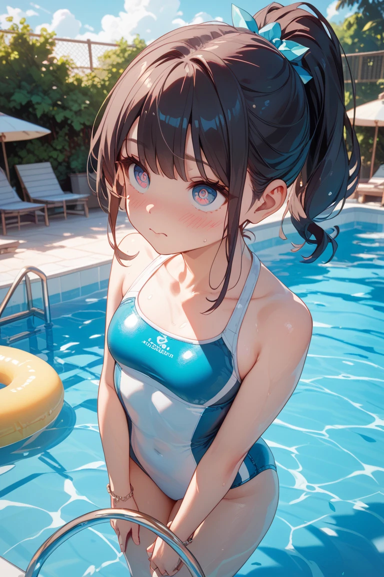 muste piece,masterpiece,highest quality,Super detailed high resolution,8K portrait,Unity,8k壁紙のHigh definitionCG,portrait photography,shiny skin,High definition,(16 years old:1.3),(1 girl),beautiful clear eyes,extremely detailed description,delicate face,nice lips,slender body,thin waist,thin legs,(Poolside:1.6),cute type,perfect face,seriously,(blush:1.5),(cute:1.5),(black hair bun hair:1.3),((medium breasts:1.3)),(navy blue school swimsuit:1.3),(I have nipples:1.2),((climax in vagina:1.5)),(spread legs:1.5),(pussy:1.5),((leaning forward:1.5))