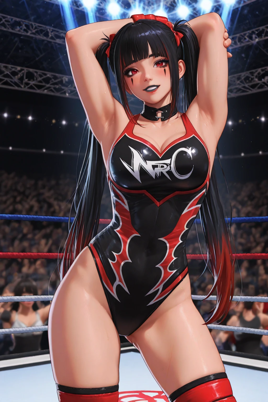 "Ultra-realistic 3D CG anime cinema poster, showcasing a stunning, athletic young woman with long red hair, blue eyes, and an adventurous outfit with a revealing neckline, highlighting her gorgeous breasts, in a dynamic action pose, smashing the logo 'ACTION ARCADE UNLEASHED' with visual effects, signed 'Dragonsteel7'"