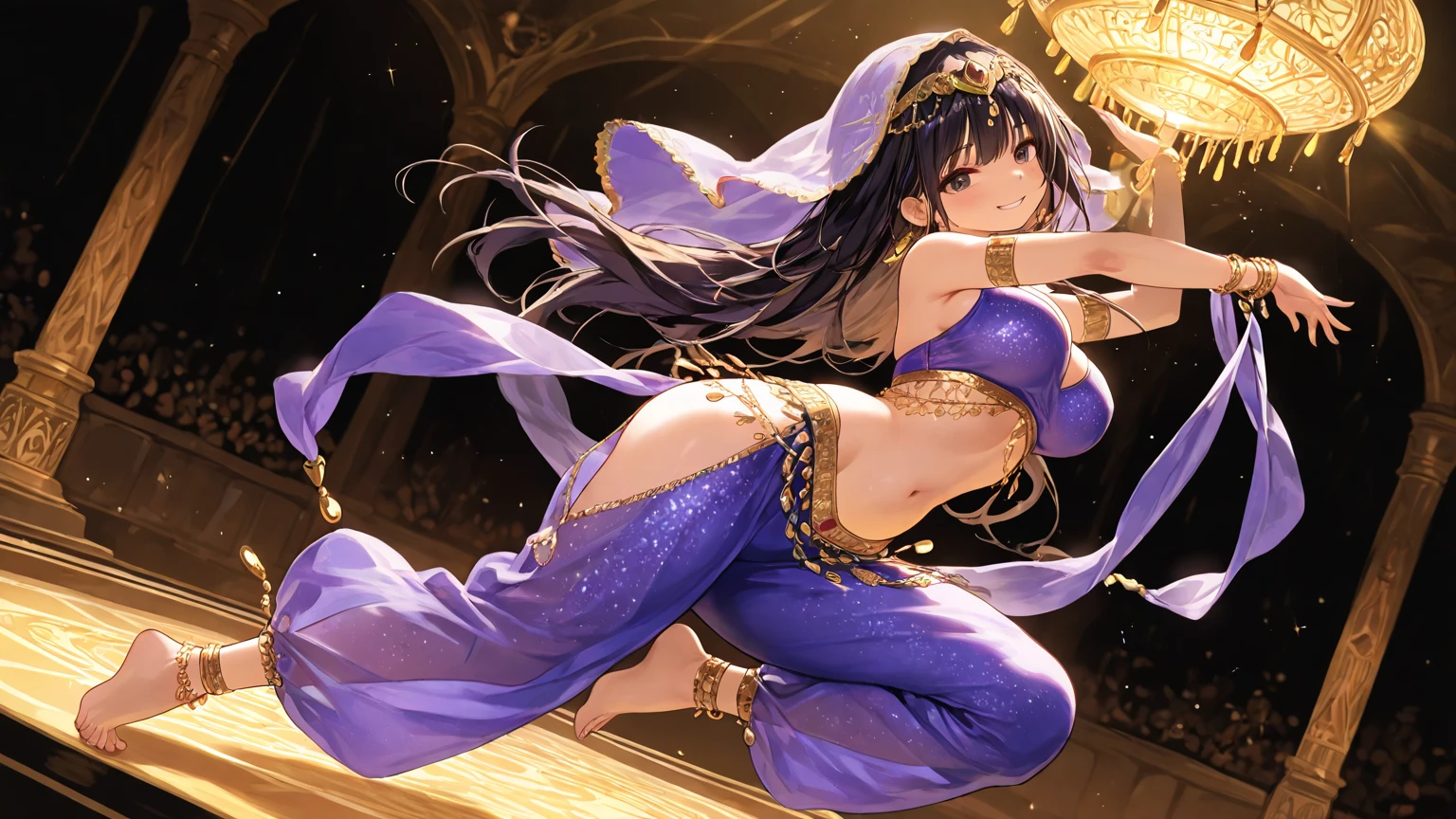 Wonderful woman, dark-tanned skin (body), long hair, bare face, face-detailed, thick red lips, bright eyes (purple eyes), purple clothes, Arab dancer clothes, naked, gold jewelry, big breasts, bare breasts, hard nipples, fabric bracelets, seductive figure, elegant scenery (ultra detailed), combat stance(body), sexual arousal, pubic hair, undressing.