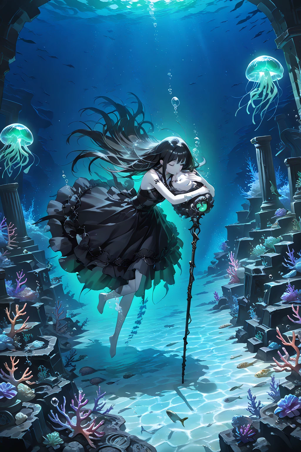 Masterpiece, High Quality, Ocean Forest, City, Fantastic Fantasy, Glowing Plants, Coral Viaduct, (Swarm of Glowing Jellyfish), (Shoal of Fish with Transparent Wings Flying in the Sky), Misty, Extreme Detail, Morning Light, Epic Composition, (Intricate Detail), (Intricate Design, Ultra Detail: 1.2), Art Station, (Masterpiece, Best Quality), Ultra HD, 32k ,castle,1girl --v 6