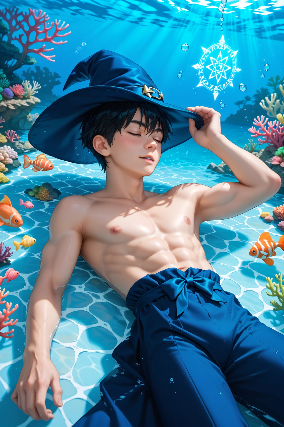 Wizard on the beach in a speedo swimsuit