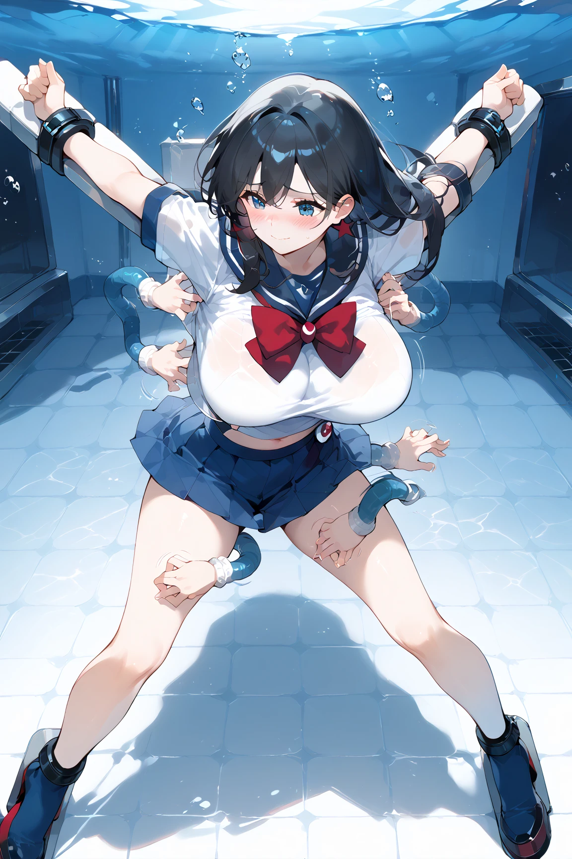 (open mouth:1.2), (long tongue:1.2), (mouth drool:1.2), highest quality,wonderful,finely,extremely detailed CG Unity 8K wallpaper, (tentacles sex), (2 large penis:1.2), (2 Girls, Black Hair, double bun), (gigantic breasts:1.1), (arms behind head:1.5), (Sailor swimsuit:1.1), (topless:1.1), (black blindfold:1.7)