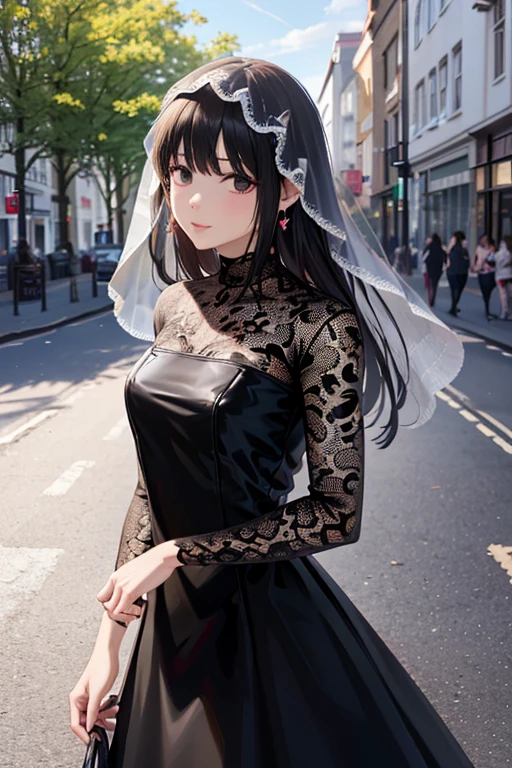 ((Best quality, 8k, Masterpiece :1.3)), 1girl, smiling, full body, slim face, Pretty woman, (Dark brown hair), full length dress :1.1, Ultra-detailed face, Detailed eyes, Double eyelid, blur background, slim face, city, outside, street, --auto