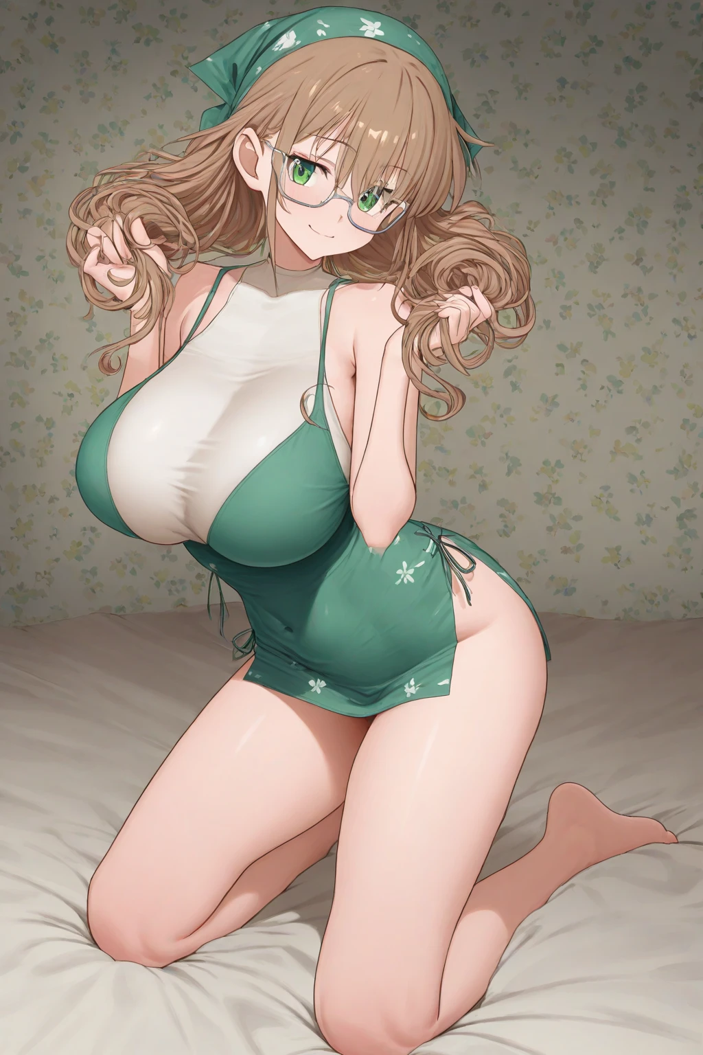 master-piece, bestquality, 1girls,16 years old, View viewers from front, HD, slight smile, massive tits, cleavage, under , tights cloth, , tiny body, under tits cleavage, look down, stand up, wide hips, mimosa vermillion, brown hair, (green eyes:1.5), blunt bangs, bangs, medium hair, wavy hair,