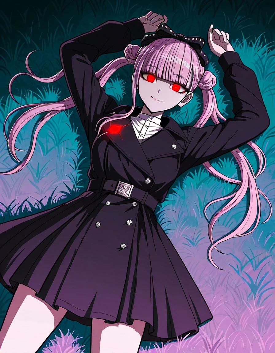 kako, pink hair, red glowing eyes, twintails, double bun, black bow, blunt bangs, alternate costume, black coat, black sleeves, black dress, belt, white shirt,  high quality, solo, lying, center, on back, arms up, legs apart, closed mouth, on grass, cowboy shot, smile, looking at viewer, best quality