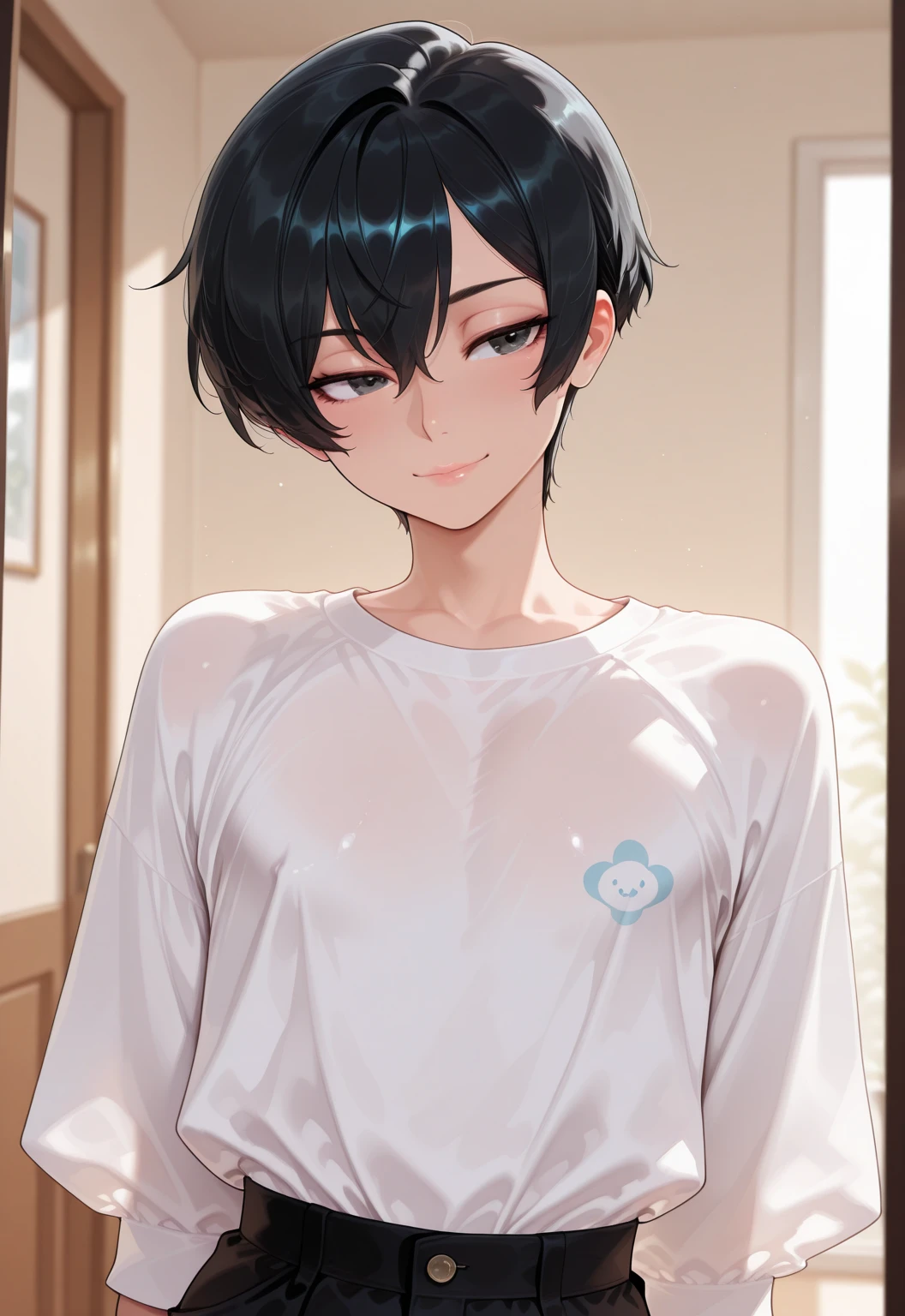 (25-year-old male:1.5) and (Black short hair) and (blue eyes), upper body,arm behind head,
shiny skin, masterpiece、Highest quality、
black long sleeve t-shirt blush,smile.The background is the living room at night,(alone:1.5)