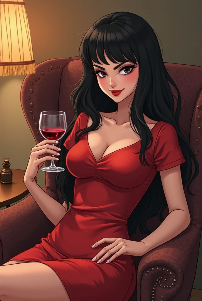 At the indoor villa cocktail party, an elegant and noble woman, with black hair and black eyes, wearing a white dress dress, holding a glass of red wine in her left hand, looked dignified ahead --auto --s2