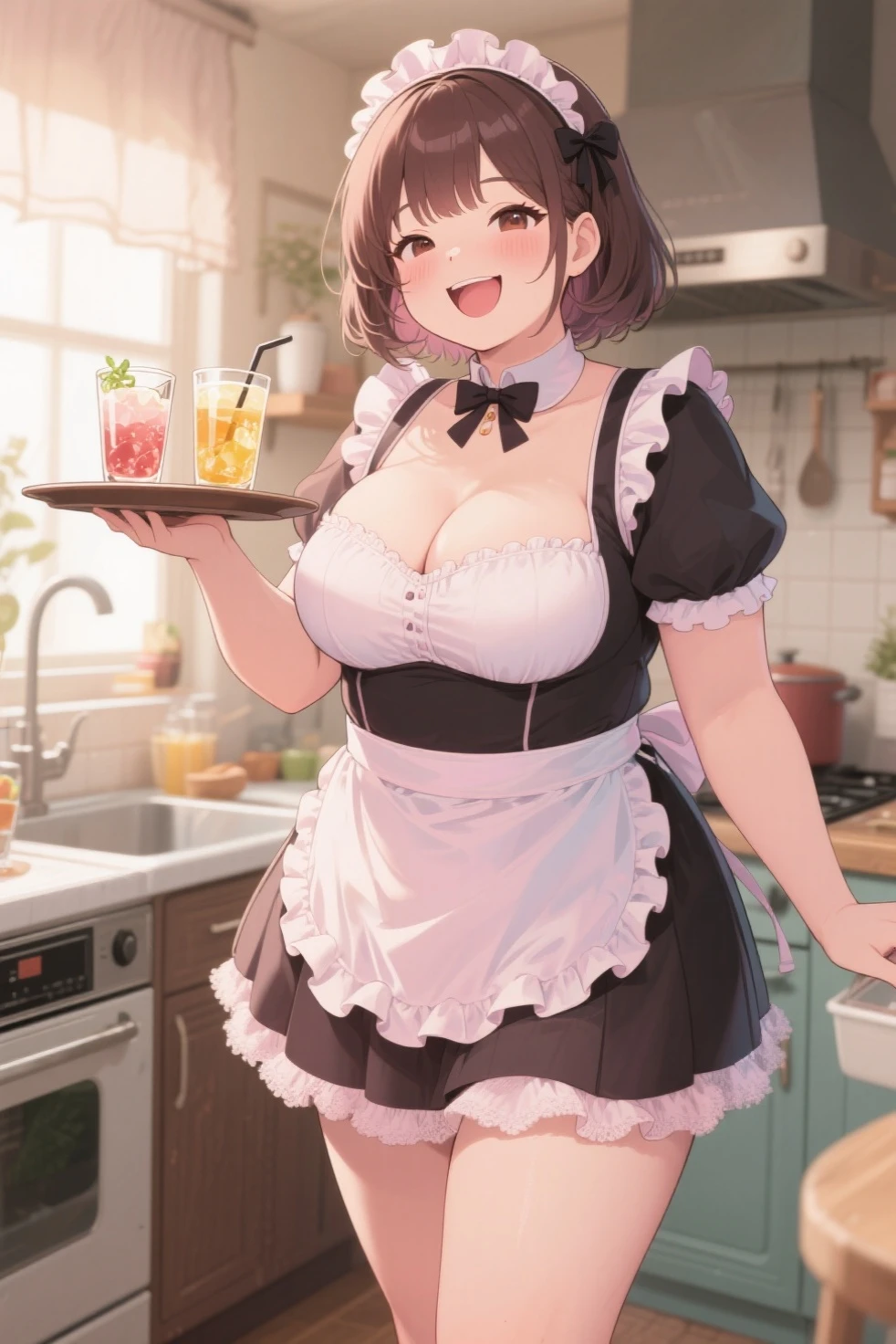 1 girl, small nose, very beautiful detailed face and eyes, bright colors, cute face, delicate beautiful face, Bright magenta eyes, cute eyes, sparkling eyes, Big eyes, (big breasts:1.3), (perky chest:1.1), (pointed chest:1.0), (cake magazine cover:1.3)，highest quality, WorKs of masters, High resolution,BlacK color hair，shiny hair, side ponytail,hair between eyes,bangs, (black jacket, real clothes, cleavage, black skirts, black thighhighs, thigh strap, fingerless gloves, single glove:1.2) , spread legs, panties shot, medium hips, glamorous body, white skin, smile, thin pubric hair, super beautiful face, Super beautiful eyes, Super beautiful hair，trendy outfit，sexy and attractive,full body esbian, Real World, Natural light,perfect Natural light,(with sparkling eyes and a contagious smile), This masterpiece is not only visually stunning but also tells, make of cake cooking , in the kitchen, open mouth, looking at viewer,
