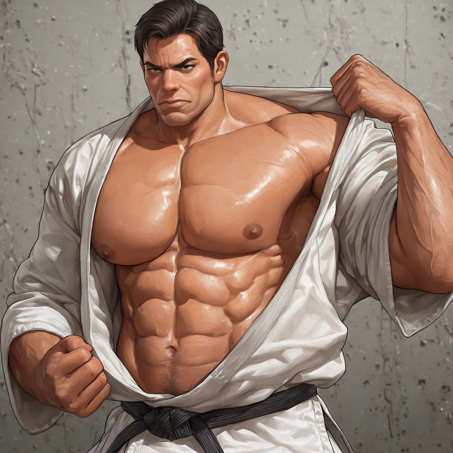 High-definition Showdown: Real Good Martial Arts Fighter

Masterpiece quality, 8K resolution, best detailing,
A muscular, lean, skilled martial artist stands,
His body etched with sweat, defined and taut,
Clad in traditional fighting attire, martial arts gi,
Belt cinched tightly around his washboard abs,
             Stubble lines his square jaw, firm and rugged,
A thick brow furrowed in concentration, eyes alight,
Focused intently on an upcoming bout, determined,
Subtle yet powerful beard sculpted meticulously,
             His pecs flexing as he takes a deep breath,
Raising
