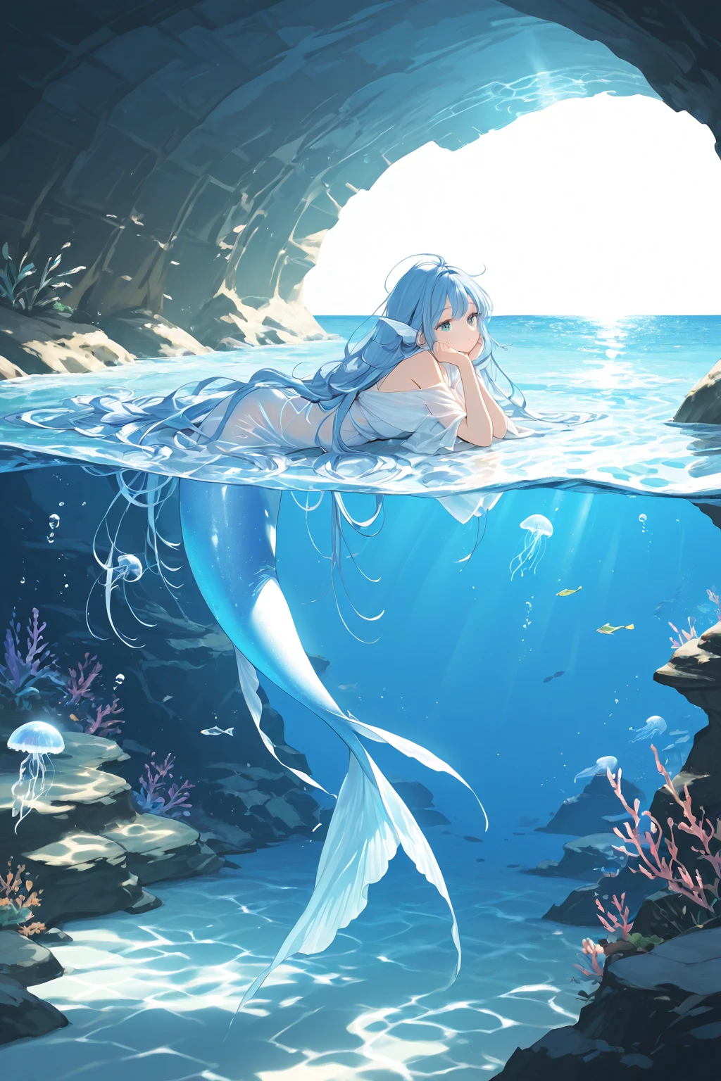 A mermaid sleeps in the deep sea