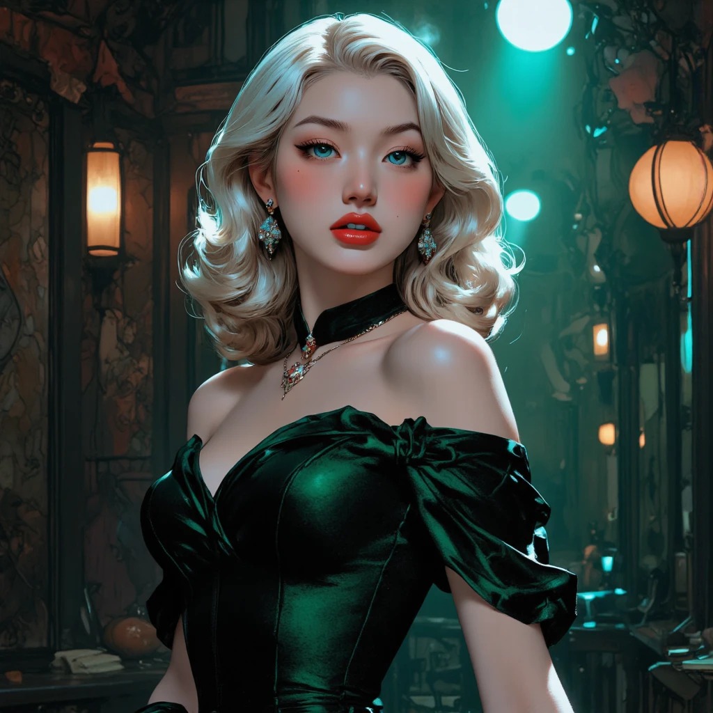 Tremaine,Green Eyes,Gray hair,Big Hair,Striped hair, Red Dress,Emerald,Small earrings,Smile,Puff sleeves, permanent,Serious,Looking at the audience,From below, castle,indoors,Dim Lights,Glowing eyes, (Extremely detailed, masterpiece, Pretty Face, best quality),Solitary,Disdainful expression,Retro