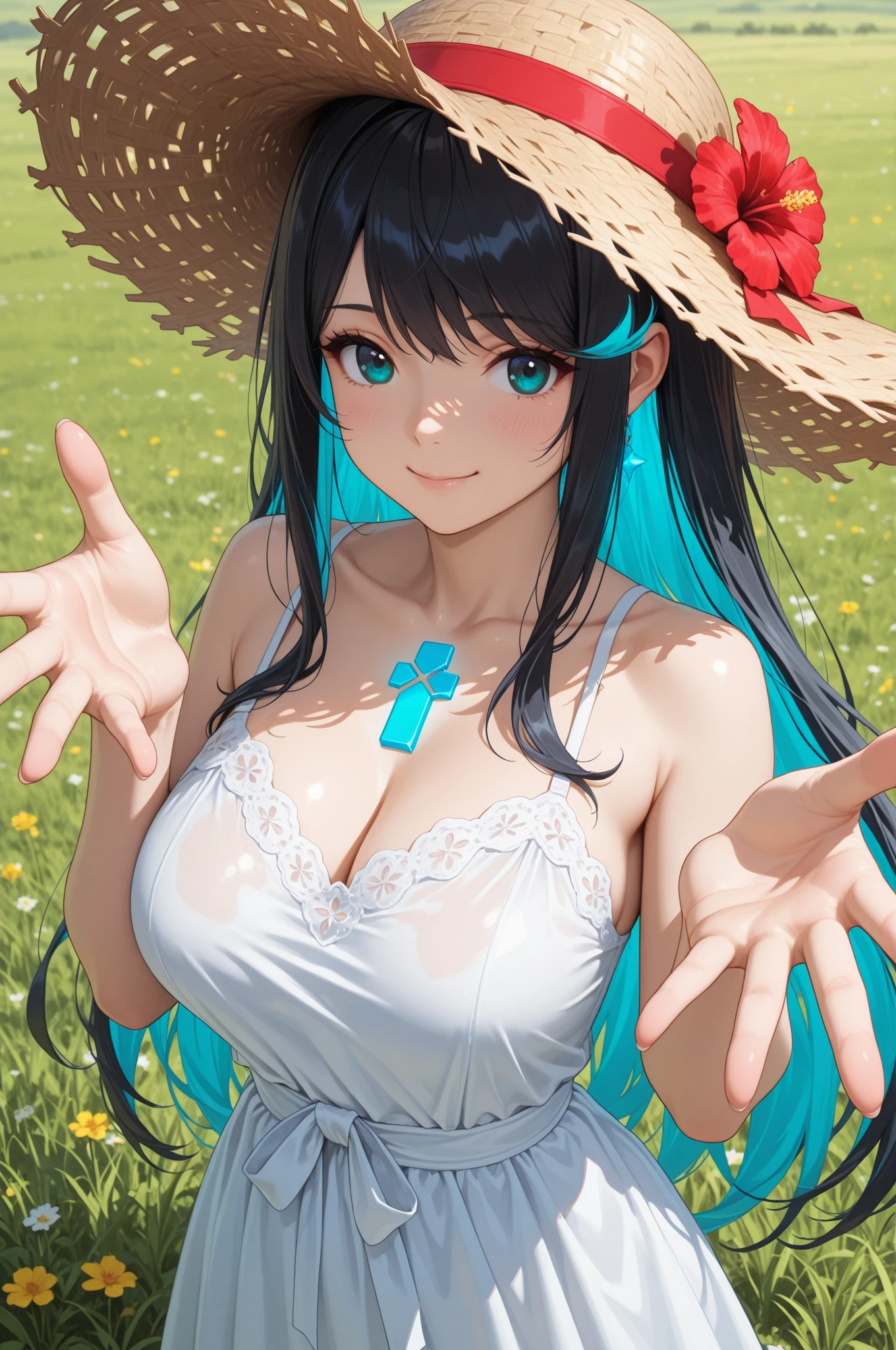 Gawr Gura, Hololive, (Bandage, Shorts:1.5),Straw hat, (Very large breasts:1.6), smile, peace sign