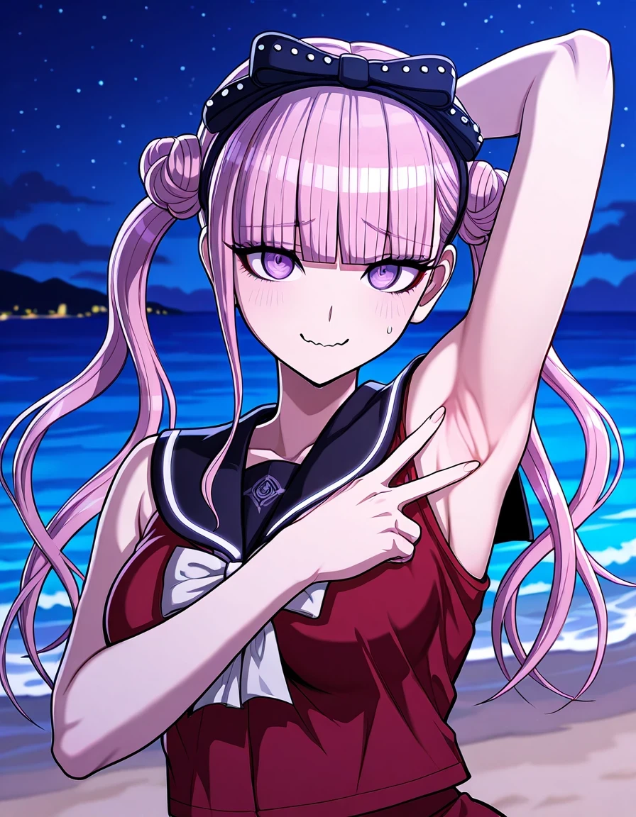 kako, pink hair, purple eyes, twintails, double bun, bow, blunt bangs, red serafuku, black sailor collar, sleeveless, high quality, closed mouth, solo, upper body, night sky, beach, <lora:spread-armpit-illustriousxl-lora-nochekaiser:1>, spread armpit, armpits, armpit focus, v, ((contrapposto)), looking at viewer, wavy mouth, shy, smile, best quality,