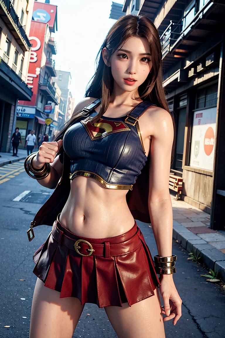 (1womanl:1.2), 独奏, 35yo, __Body parts__, offcial art, 统一 8k 壁纸, ultra - detailed, Beautiful and beautiful, Beautiful fece, tmasterpiece, top-quality, tmasterpiece, ultra fine photos, top-quality, 超A high resolution, photorealistic realism, rays of sunshine, angle of view, Amazing beauty, dynamicposes, delicated face, Vibrant eyes, (seen from the front), ((she wears a full body superman suit, full suit)), ((Red short skirt)), ((a capital letter on chest:1.2)), ((Huge breasts:1.2)), blue-black top、Red cloak、over-Tortoise Man、(((Vulgar))), Very detailed abandoned warehouse background、A detailed face、detailed complex busy background、Messy and gorgeous milky white、highlydetailed skin、Realistic details of skin、Visible Pore、foco nítido、volume fog、8K UHD、Digital SLR、high high quality、Film grains、White skin of the、Foto realism、DL、The huge metropolis of the future dystopia、