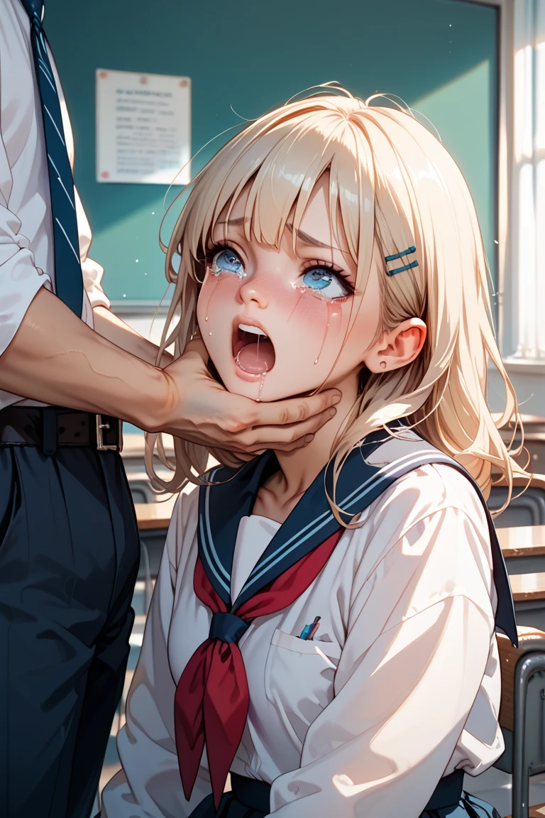 (Ultra-high resolution of the highest quality, masutepiece, Best Quality, 8K, Super Detail, Best Quality:1.3), (1 woman:1.2), (large breasts:1.1), (drooping eyes), blush cheek, long hair, (brown hair),dark red ribbon, (white blouse, unbutton blouse, navy blue skirt:1.7), (white lace bra:1.4), (school bag:1.2), (in crowded train:1.8), front view, beautiful hair, beautiful face, beautiful eyes, beautiful body, beautiful hands, (erect nipples), (orgasm:1.4), (clothed:1.6), (crying:1.4), (hair over eyes:1.6), (face focus, facial cum, bukkake), (looking up:1.2), (from above:1.2), (standing),(large amount of liquid spills from the crotch, Urine in the ground, white peeing :1.5),squarting love juive, open legs, (A large group of gentlemen grab the girl's chest:1.8), (arms up, leg up:1.4), {detailed uncensored} {{{pussy and vagina and labia minora and vaginal entrance and hymen}}} and cervix are visible through the panties,(cum on clotes, cum on face, penis toward her face,skirt lift:1.5) , (projectile cum:1.9),