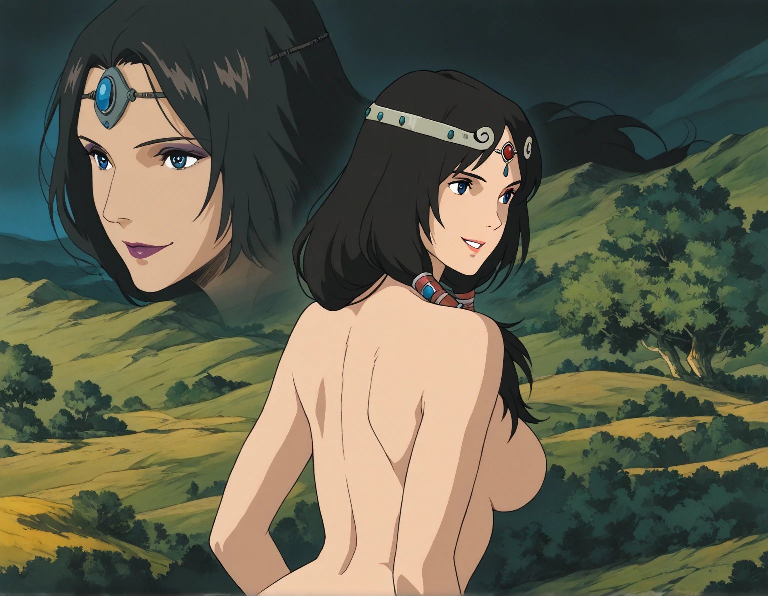 Curvy blue eyed girl with long wavy black hair and small breasts, (cruel_expression):4.0, lewd:2.0, (pubic_stubble):3.0