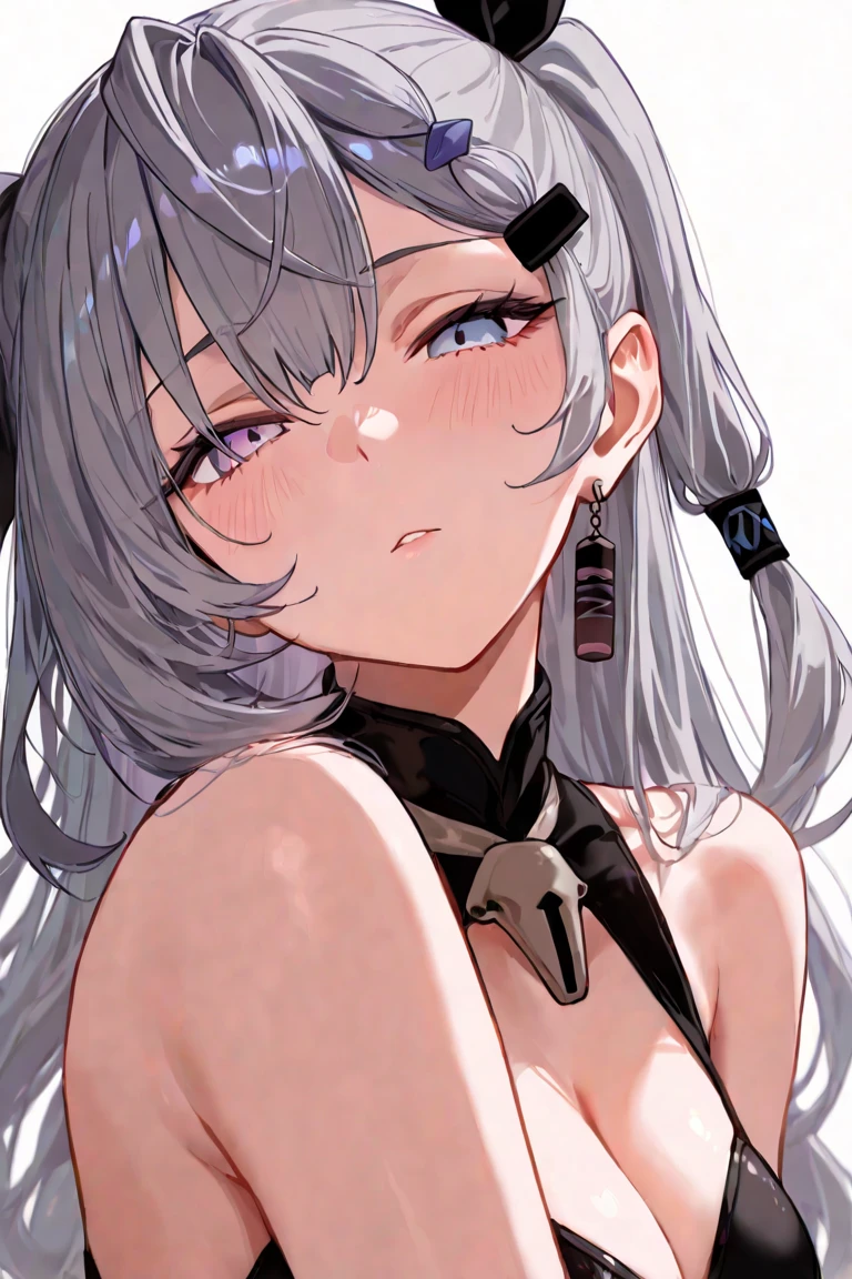 kaine \(nier\), 1girl, nipple cutout, close up, half body, bandages, bangs, belt, blonde hair, blunt bangs, bra, braid, brown eyes, collarbone, flower, frilled bra, frills, from side, hair flower, hair ornament, halterneck, lingerie, looking at viewer, nier \(series\), short hair, negligee, single bare shoulder, single braid, solo, white background, white flower, clothing cutout, bdsm, white hair, expressionless, medium breasts,

<lora:kaine:0.6>