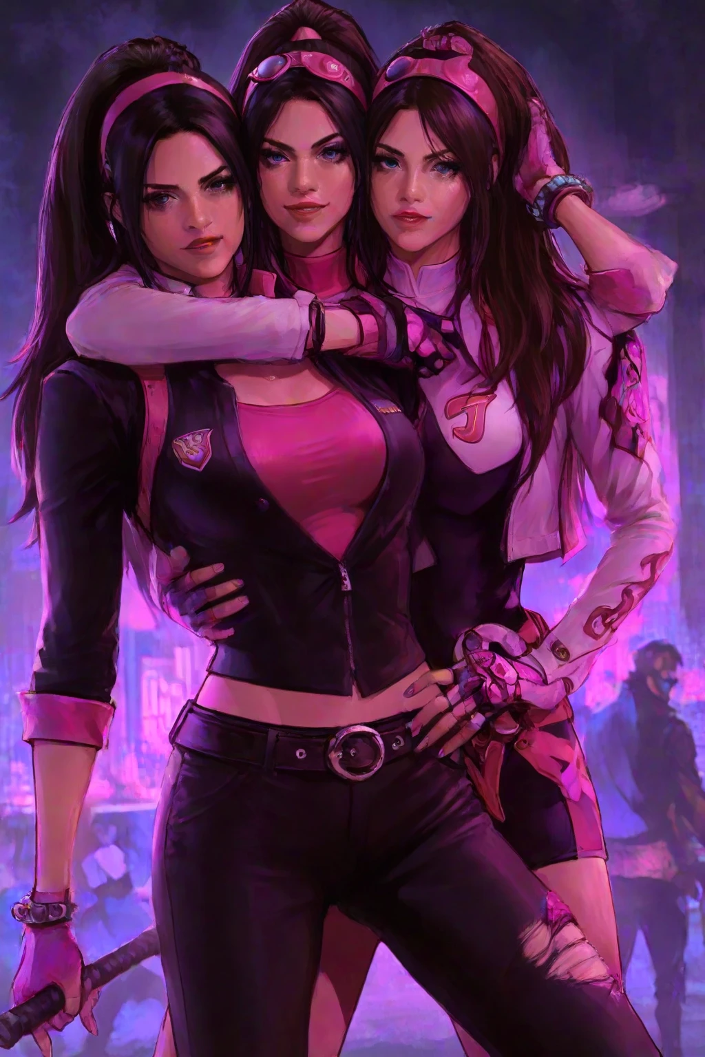 reference sheet, model sheet,One girl, Dark hair with purple strands, Ponytail, purple eyes, black outfit,wearing bulletproof vest,background white, masterclass,refined,masterpiece,8k,sharp,clean.
