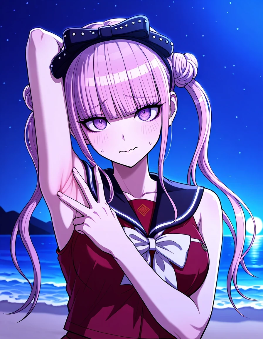 kako, pink hair, purple eyes, twintails, double bun, bow, blunt bangs, red serafuku, black sailor collar, sleeveless, high quality, closed mouth, solo, upper body, night sky, beach, <lora:spread-armpit-illustriousxl-lora-nochekaiser:1>, spread armpit, armpits, armpit focus, v, ((contrapposto)), looking at viewer, wavy mouth, shy, best quality,