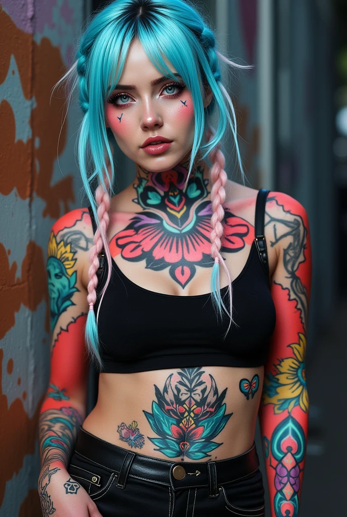 "Step into a world of bold and vibrant hues as a fierce and tattooed female character takes center stage in this stunning digital artwork."