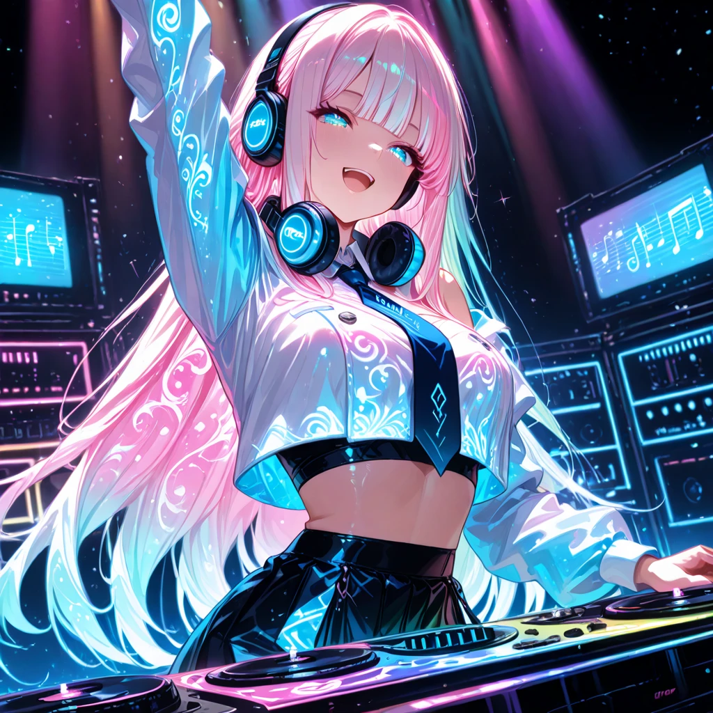 Transparent color PVC clothing, Transparent colorful vinyl Bunny girl, Prismatic, Holographic, chromatic aberration, Fashion Illustration, masterpiece, DJ Girl, View Viewer, 8k, Super detailed, Pixiv、((Colorful Hair))、Wearing headphones、((Full Body))、((Strike a Pose))、((Bunny girl))、(((Long legs)))、((Big Breasts))、(((Accurate body line)))