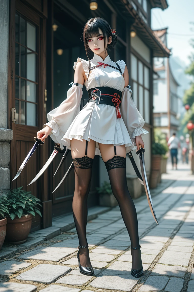 {Perfect proportion},{Perfect facial features},{{Angelic face}},{{{Star temperament}}},Beautiful big eyes,charming eyes,Delicate woman,Exquisite makeup,High-end,Perfect Lover,Blonde short hair,Heterochromia,Full figure,Thin waist,Perfect long legs,High heel,Black suspenders,Cyberpunk characters,Chinese style,cheongsam,Warlord's wife,{{{Royal sister}}},Sexy woman,Feminine,