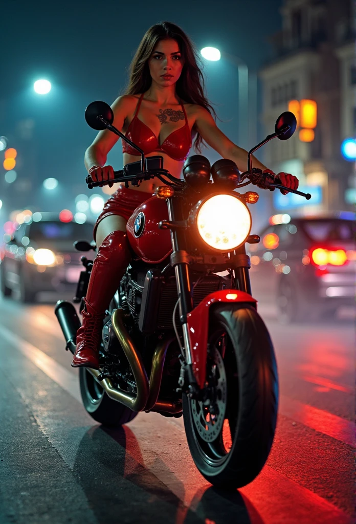Beautiful and sexy woman in black leather full body suit, a woman riding a large motorcycle, short brown curly hair, hair blowing in the wind, red lipstick, Fujiko Mine from the anime Lupin III, Fujiko Mine, slender figure and beautiful bell-shaped breasts, high heeled black boots, Gotham City at night,