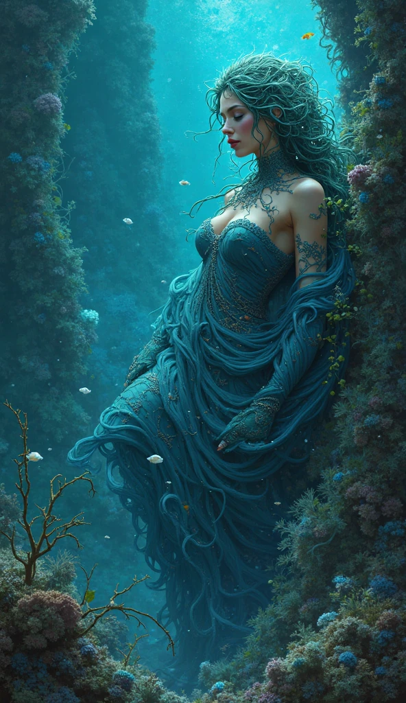 (Underwater) drown (1woman) (under the water), in 19th century, beautiful painting with highly detailed face, fluid hair, flowing clothes, pale skin, reflections, by greg rutkowski and magali villanueve