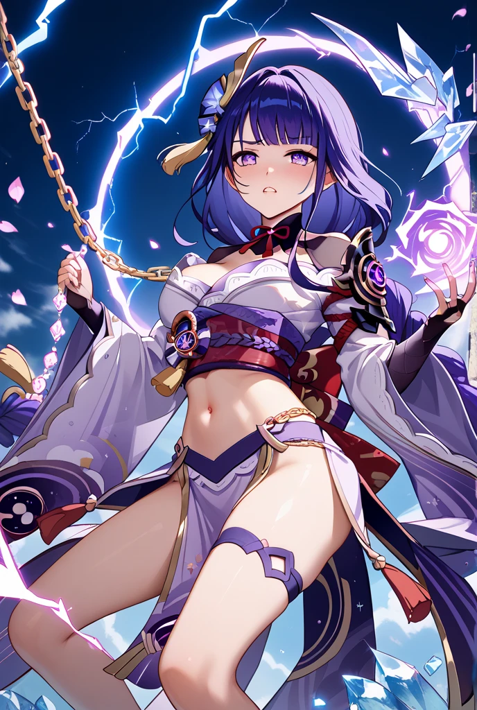 ((Above the knee image:1.4))Japanese Shrines, (highest quality，Realistic,masterpiece:1.2，8k wallpaper:1.2)，((Pale skin))，solo，women only，((Genshin Impact_Impact，General Raiden))，Lightning Particles，Purple Lightning，Light background，cherry blossoms，Purple Theme，Delicate facial features，Sexy and beautiful anime girls，General Raiden，Long purple hair，Rosy lips，Anime Mouth，shut up.，(Very sad face)，fine grain，Big breast type，
