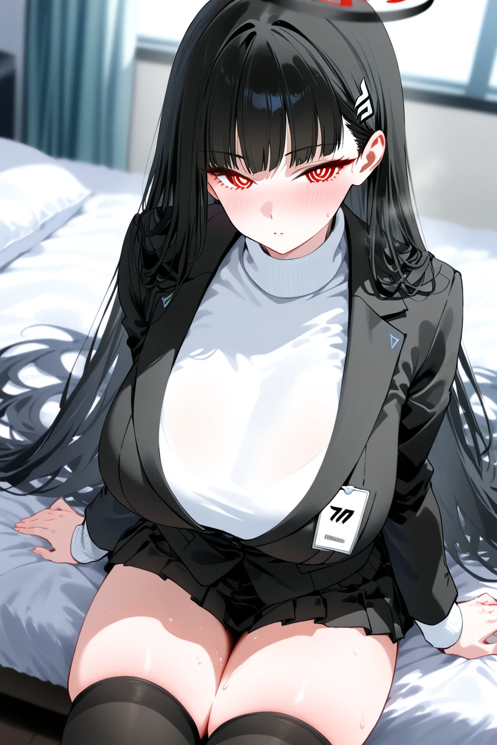 ((masterpiece、high quality、High resolution、4K, 8K, Blue archive official art、live-action)),detailed person、detailed face、detailed eyes、fine eyes、 dripping sweat、oil skin,sparkling skin、realistic skin texture、detailed beautiful skin、shiny skin, revealing clothes, (white turtleneck sweater、Black formal jacket、Tight pencil mini skirt, big breasts、beautiful thighs, mature pretty woman、transparent eyes、heavy makeup、sexy、(slender body and limbs,), angle from above、((on the bed))、(random facial expressions), ((clear eyes、double eyelid、red eyes、long black hair、big breasts))、((character Tsukatsuki Rio 、Blue Archive))、crawl on all fours、pov 、((Inciting composition))、ぶら下がるbig breastsがシャツから見える、night scenery、night room、dark、lights out、grayscale:27、full of embarrassment、blush、bright red face、shy、(sweat,steam), Throw out your legs