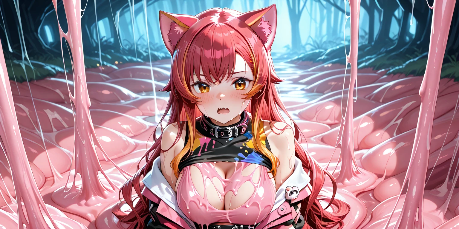 (((One Girl,Transparency,,Red wolf hair))),
((Huge breasts,Animal ears,Cat's Tail)),
Wet and risqué machine suit,Big thighs,Sweating profusely,Large amount of steam,
lure,first round,Purple string,Love scene,sit,