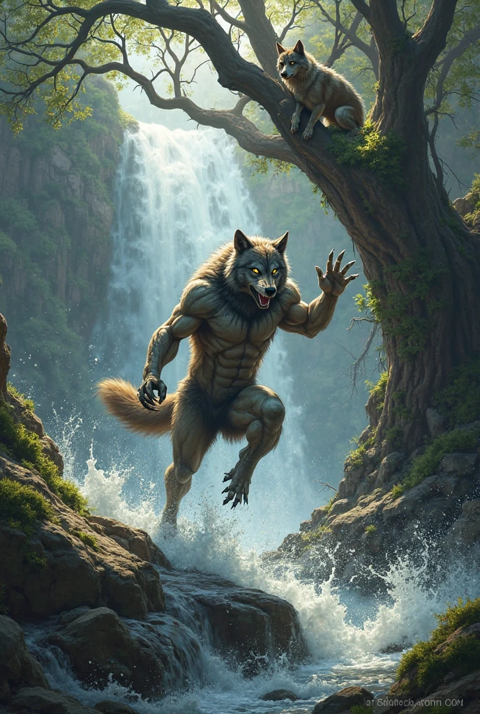 ultra-detailed, masterpiece, masterwork, high quality, best quality, hdr, japanese style, (night, bathing in waterfall), nsfw, male, solo, werewolf, (nude,), (white little body werewolf), (long hair), yellow eyes, squatting, dynamic angle, wet body, (foreskin, perfect balls)