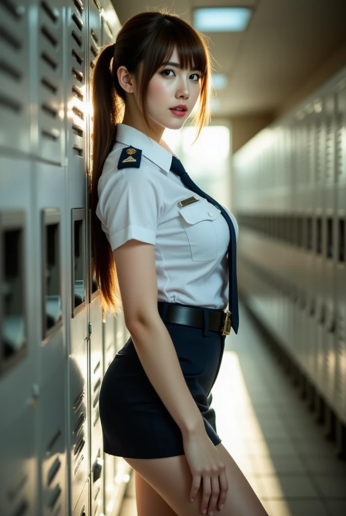 Blank (Japanese Post Office), sitting on a chair, (masturbation: 1.5), (legs apart: 1.5), (policewoman: 1.1), big eyes, light blue eyes, natural smile, earrings, tie, delicate facial features, facial coordination, soft body curves, police uniform, silk skirt, lace panties, big breasts, masterpiece, top quality, best quality, official art