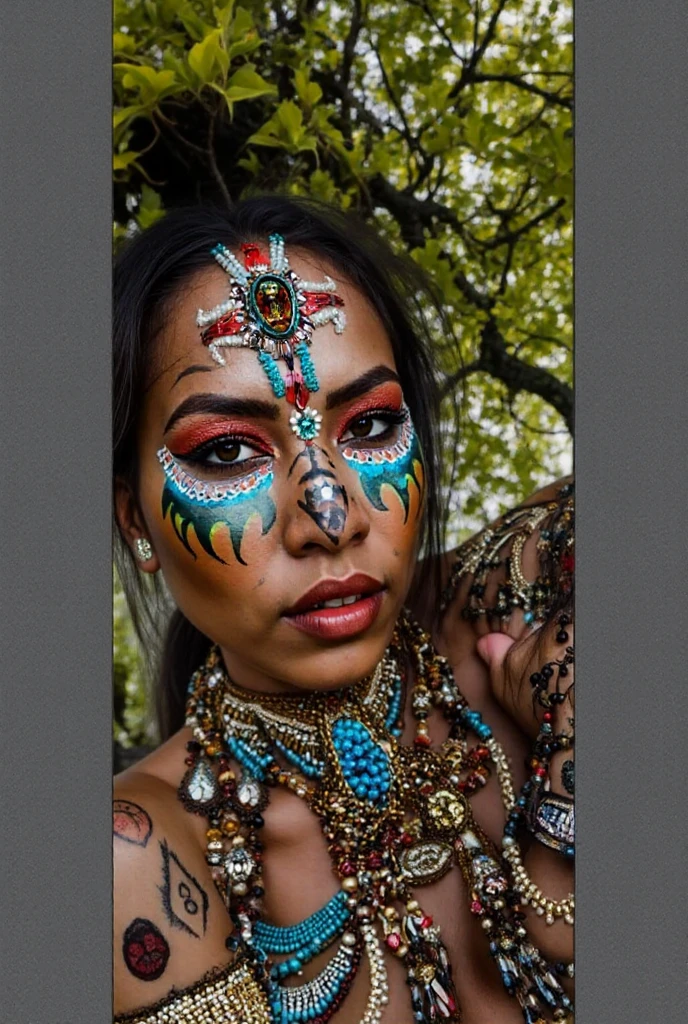 a woman wearing a white headdress and a gold necklace ,  alt_style , alternative culture , alternative style , tattoos:0.2,  <lora:alt_style:1.0>