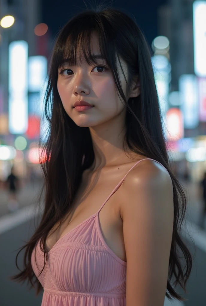8years old、looking at the viewers、、realisitic、女の子1人、a small face、、cowboy shot、Narrow and cramped room、Camisole、、Japan's Red Light District、((Prostitutes))、(deep in the night)、(Night view from the window)