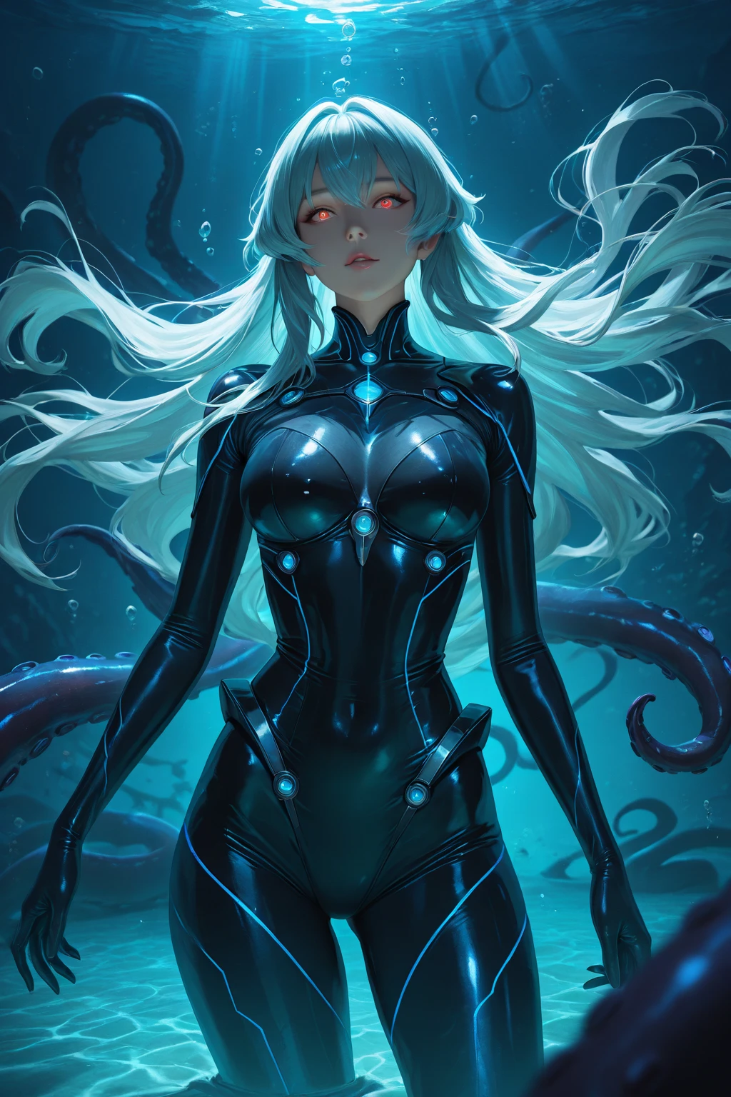 ultra detailed, illustration,solo,masterpiece, cool,absence of expression, (bully personality), (beautiful 1girl), ahoge, (white hair),(glowing hair), bobbed long hair, (green eyes), intricate details, best quality, (solo),insanevoid,black battle body suit,spasm,despair,Tentacle creatures, parasitism Tentacles,(Tentacle tails), (Tentacle skin hair),green aura, (black shorts), black Tentacle scarf, dark light particles, ((horror aquarium background)),r1ge, glowing, aura, energy, beam, flying debris, floating hair,green: (green theme:1.2),Transparent, X-ray art,Luminous, detailed pupil,