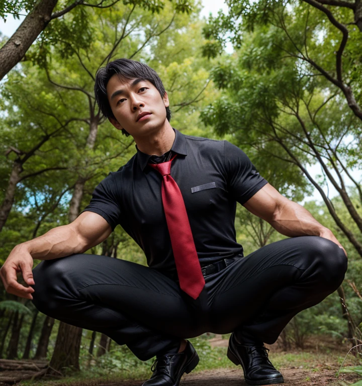 45 yers old，Hidetoshi Nakata ，Shirtless，Tong，Bulge，office room，Two people knelt，black long socks，Thin，musculature，lbeard，fortitude，artwork of a，tmasterpiece，k hd，red leotard