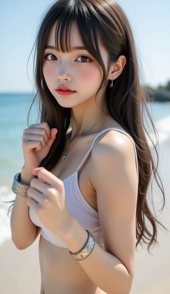 keqingdef,keqingopulent,keqingrnd, (masterpiece, best quality:1.2), 1girl, solo, ((bare shoulders)), (actual:1.37), ((lying on a beach)), ((Bird&#39;s eye view shot)), Sweet maiden, beautiful妆容, Exquisite makeup, Extremely beautiful eyes, long hair, curls, slim body, ((big breasts, Big breasts, cleavage)), Sexy slender legs, The skirt is short, Leaking sexy legs, elegant posture, Dynamic posing, best quality, correct, correct的手, correct的腿, 解剖学correct, official art, complex, detail的脸, detail, lifelike, Very detailed, amazing, beautiful, Young and energetic, Charming model, Meticulous CG Uniform 8k wallpaper