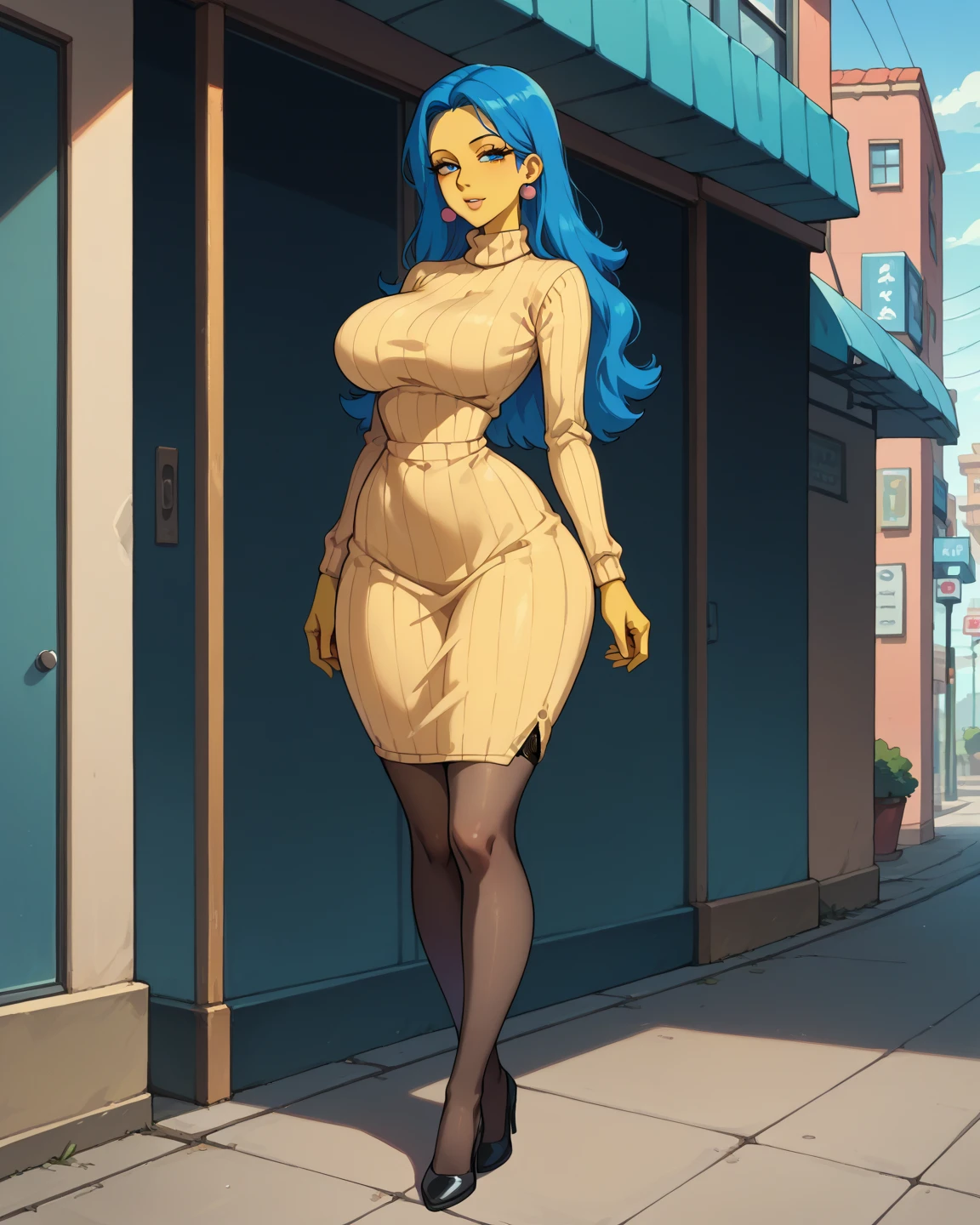 "1 girl, walking in a tight dress, round breasts, curvy figure, in a cartoon style, vibrant colors, high resolution (8K or 4K), enhanced dynamic range (HDR)."