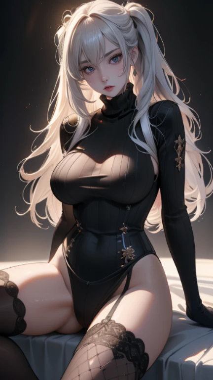 1girl(Mei Mei / Jujutsu Kaisen), beautiful detailed eyes, beautiful detailed lips, extremely detailed eyes and face, long eyelashes, white hair, grey hair, hair over one eye, braided ponytail, long sleeves, breasts, puffy sleeves, juliet sleeves, slim slender body, fit athletic body, toned abs, flawless skin, hourglass figure, long elegant legs, sensual pose, arrogant expression, intense gaze, nsfw, anime style, 8k, high quality, highly detailed, chiaroscuro lighting, dramatic lighting, vibrant colors.