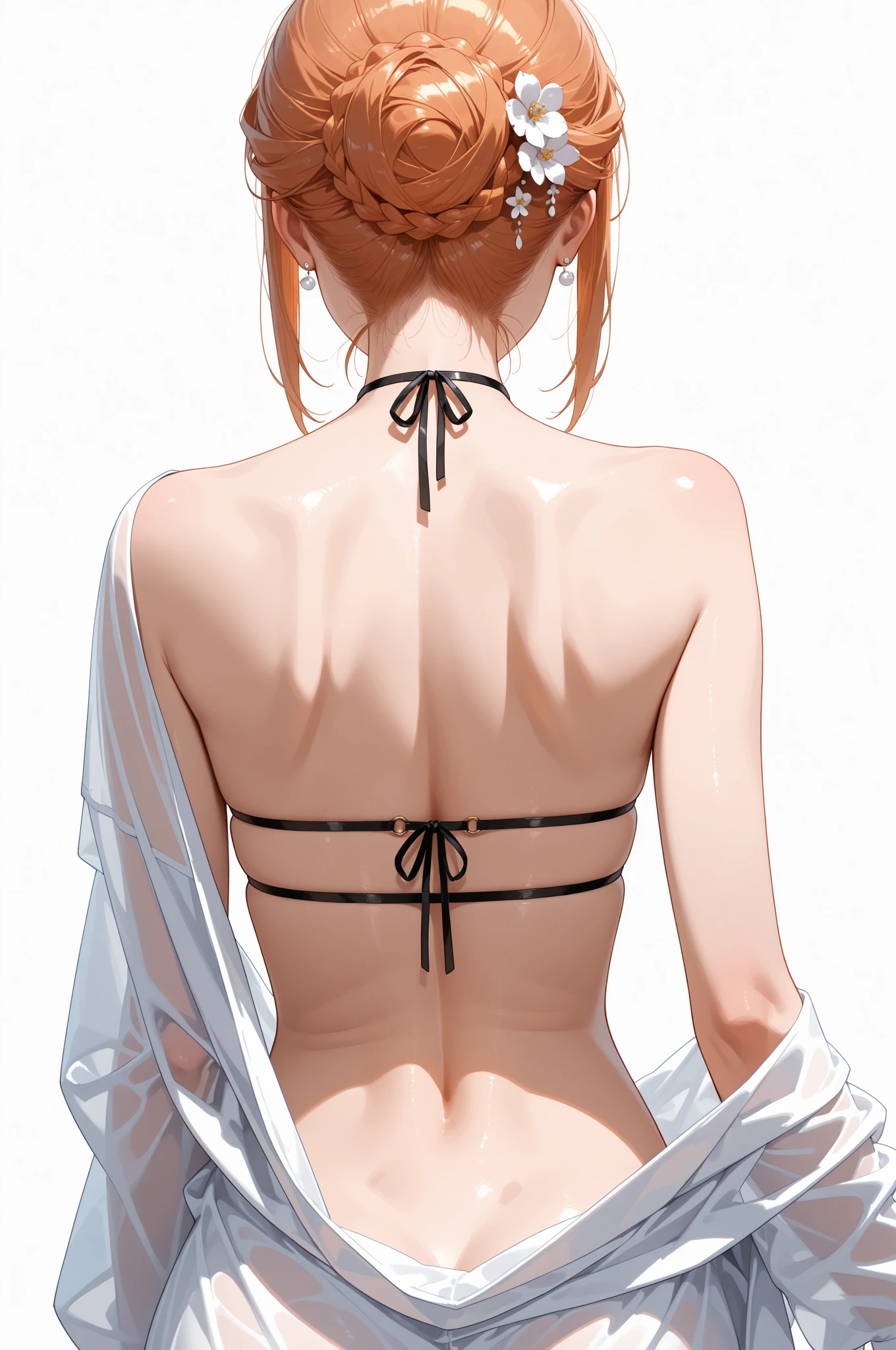 (masterpiece:1.2), hyper detail, best quality, (intricate_details:1.1), beautiful detailed, beautiful hair, solo, 1girl,LAUFEN,1GIRL,BROWN HAIR,DOUBLE BUN,BROWN EYES,HAIR_ORNAMENT,BLACK DRESS,BARE SHOULDERS, GLOVES,back to the viewer,((from behind)),shoulder blade, shoulder focus,back focus,tie one's hair,armpit,body hot,greasy back,greasy shoulder blade,biting hair ties,greasy armpit, sweating,heavy breathing,steam,determined look,look into the distance,greasy body,wet body,