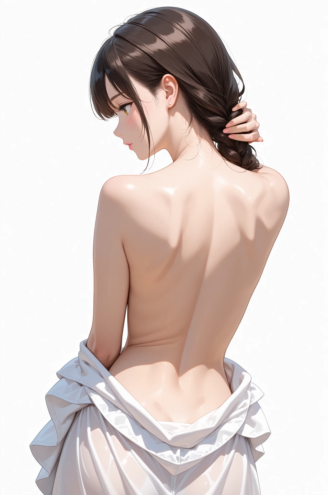 (Upper body naked:1.6、I'm not wearing anything:1.5、Nothing attached:1.8、Supermodel with rather long legs:1.4、Highlights in the eyes:1.4、30-years old、spotless、cute little、The face of the golden ratio:1.2)、Look firmly at the camera:1.4、Short bob cut with clean bangs:1.3、A dark-haired:1.4、the neck is long:1.5、neck long、Put your ears out:1.4、Clean collarbone、pretty skin、Perfect body、Perfect fingers:1.3、perfect arms、perfect hand、Smaller face、Distinct double eyelids、A detailed eye、Clean belly button、big breasts thin waist、Open your crotch:1.6、Show your crotch:1.6、Look firmly at the camera、(Immaculate white background with nothing really、Immaculate white background with nothing really:1.4)、Perfect Anatomy、very large breast、very large neat chest、Colossal tits:1.3、Very big big:2.0、big areolae:2.0、adult appeal、closes mouth:1.3、smil:1.3、Smiling happily:1.3、shyly smile:1.4、A little wind blows:1.2、((Close-up bust of rear view:1.3))、Absolute area:1.4