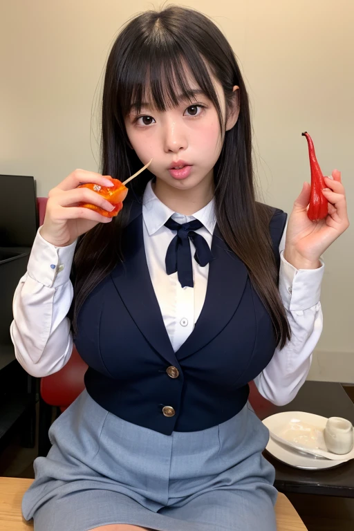 (highest quality, masterpiece, Photorealistic, Ultra-detailed, Ultra-high resolution, born:1.3), (1 Girl, cute, Japanese), white skin, (beautiful girl, slender girl: 1.3), (19 years old: 1.3), ((black, coarse mesh body Suit Left and right chest only open, long sleeves: 1.3)),((black, coarse mesh body Suit Left and right chest only open, long sleeves: 1.3)),Black leather collar、Very large breasts、Heavy chest、(scared),Are crying、 (Chest on the tray, Large plates), In the classroom、machine、Chair、Born disciples in the background、A lot of grilled meat on a tray、bangs,Watching the audience、((Exposed breasts))) ,(((Nipples exposed))),