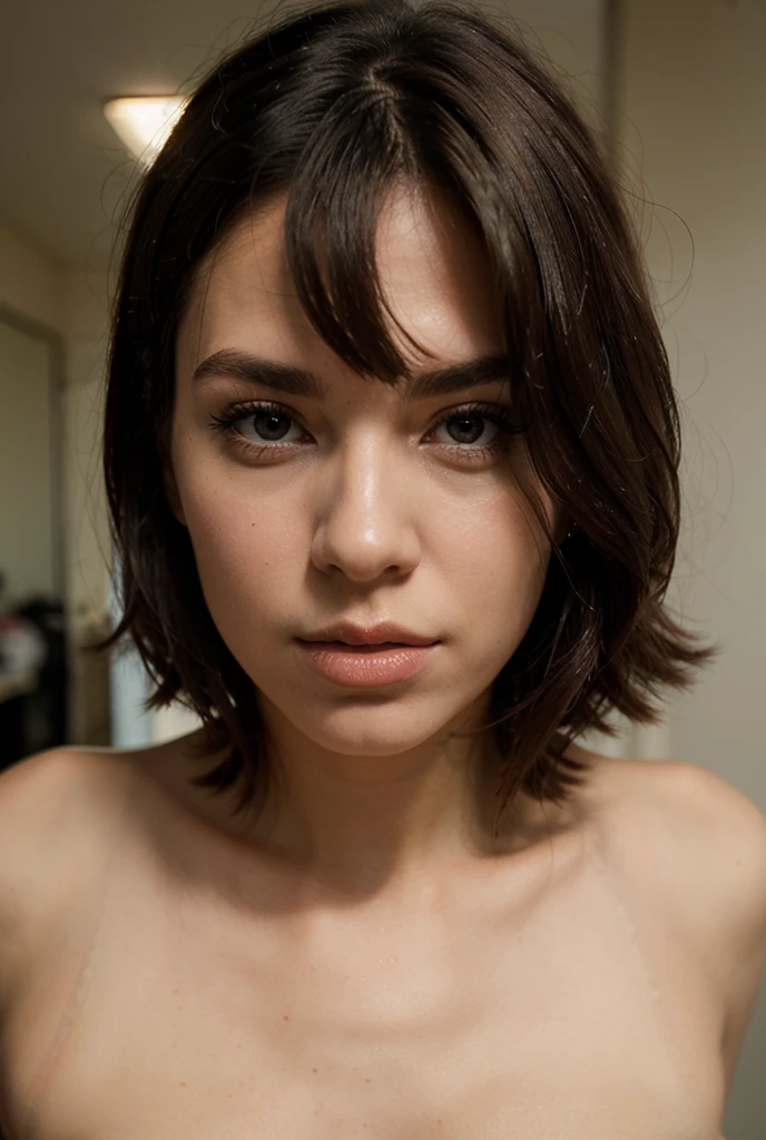 Young female elve with brown short hair, blue eyes and freckles in red amor
