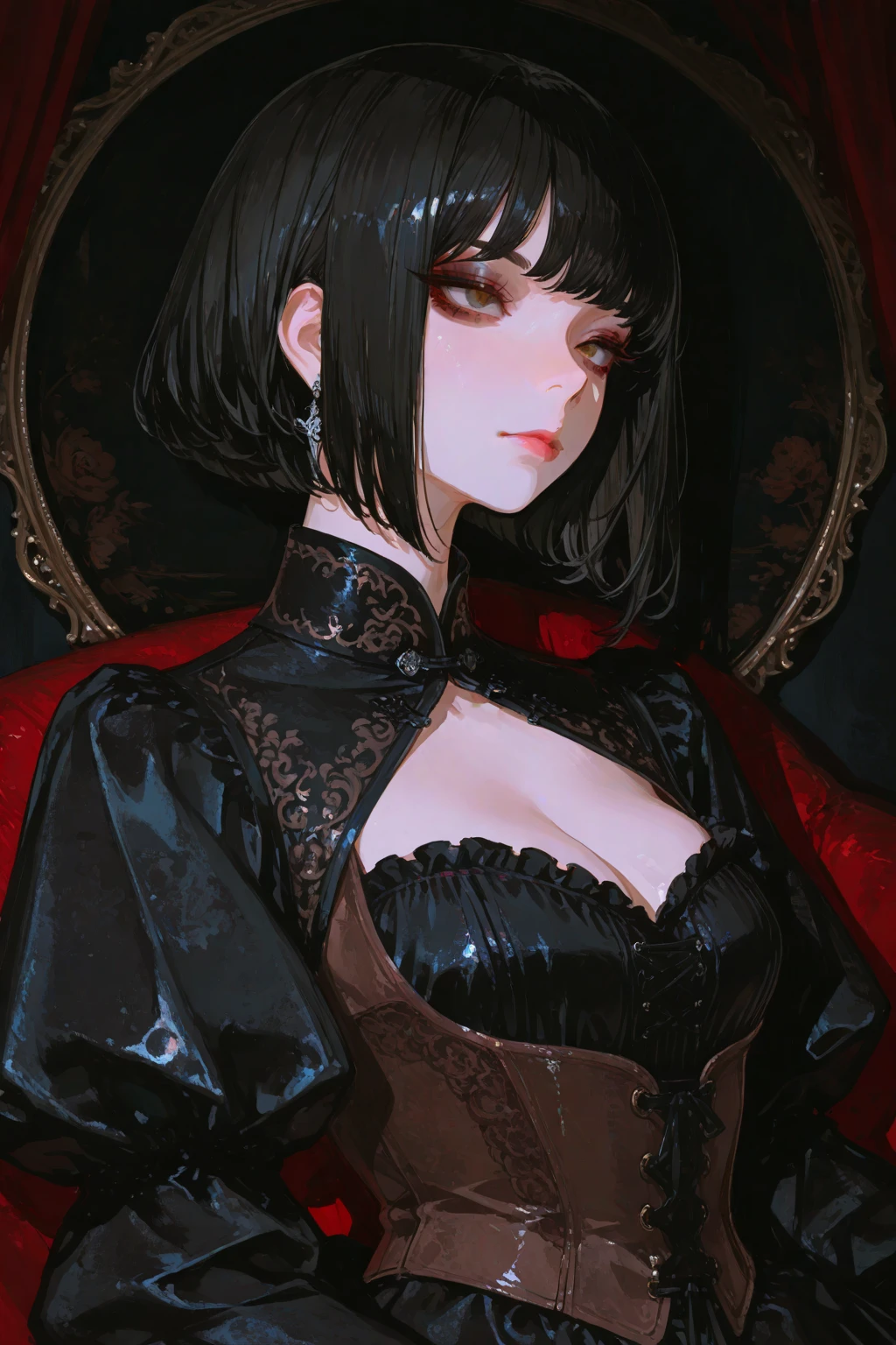 1girl, mature female, vampire, (pale skin:1.2), red eyes, black hair, (wavy hair:0.1), messy hair, short hair, hair between eyes, wolfcut, pixie cut, makeup, collarbone, punk, emo, earrings, medium breasts, black aristocrat dress, necklace, choker, aristocrats, luxury, night, indoors, multiple girls, vampires