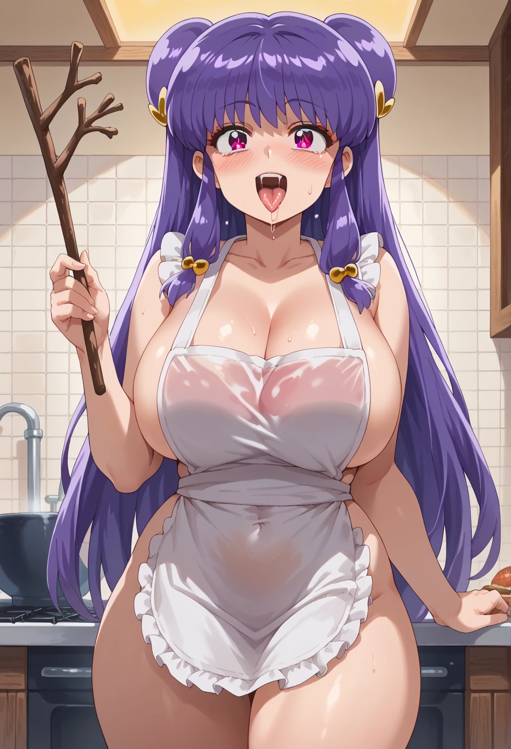 (wearing nothing:1.5), large breasts, ,Slicing meat, , 1girl, , todoshizuko, purple hair, ponytail, hair ribbon, long hair, blue eyes, makeup, (15years old:1.2) , large breasts, solo, nsfw, nipple, church, , bedroom, blue sky,, , Peeing, lactation, projectile lactation