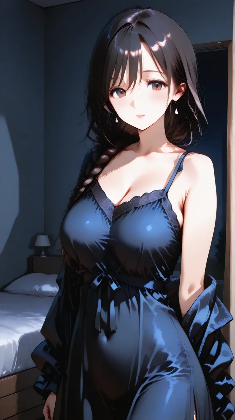 <lora:DuDou:0.7>, 1girl, (red/white/black/blue/green/yellow dudou),(black/blue/green/yellow/red/white panties),(large breasts), bare shoulders,looking at viewer,standing, upper body, indoors, bedroom, bed, nightstand, desk lamp, night, gentle lights, ornate decorations,