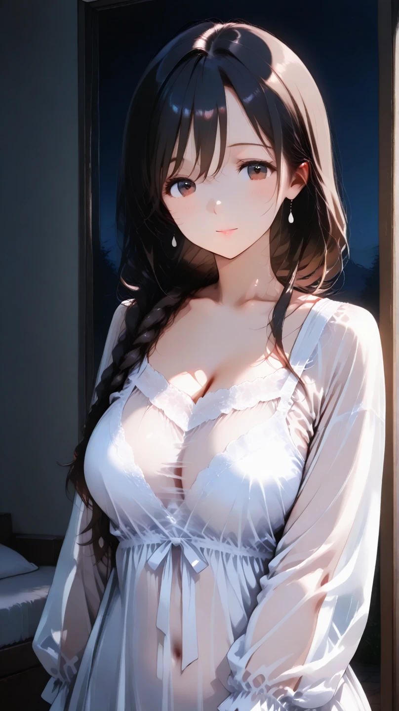 1girl, solo, masterpiece, high quality, high detail, HDR, 4k, volumetric lighting, subsurface scattering, 23 year old woman, Asian, silk robe, unbuttoned, posing on a bed, look up from below and make eye contact, Expression of desire, Cleavage emphasis,