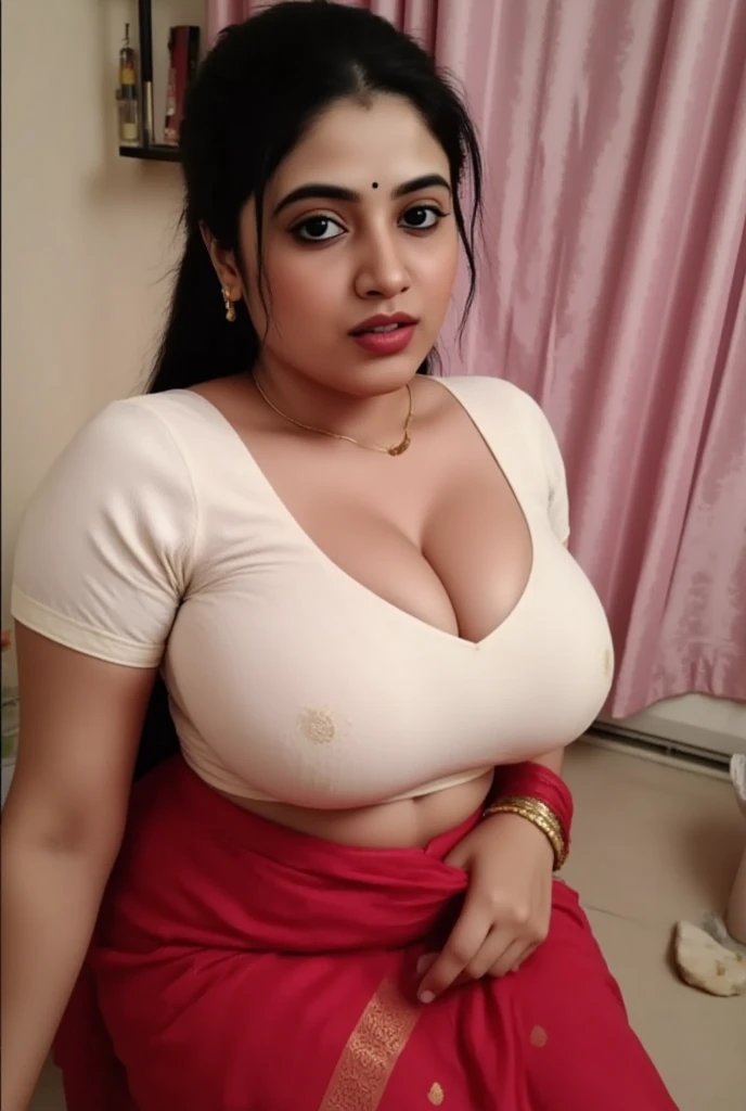 a mature (most beautiful lady(voluptuous) pretty face) lady(beautiful breasts(very saggy:1.5), (voluptuous:0.3)) wearing beautiful designer saree(deep cleavage, very beautiful), (), () (), () cleaning floor in village outside home. Very realistic skin, natural skin texture. Very beautiful face. She is giving sexy down blouse pose. Beautiful blouse designs, real life scene, Face details are realistic, most beautiful, pretty and delicately gorgeous. Her breasts have natural perfect shape. Background around her is visible enough. 